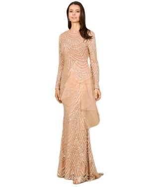LARA New York Beaded Long Sleeve Gown With Tulle Applique - Natural