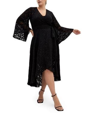 City Chic Fleetwood Long Sleeve Jacquard Wrap Dress - Black