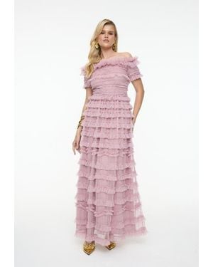 Beauut Ruffle Off-Shoulder Mesh Maxi Dress - Pink