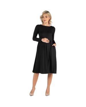 24seven Comfort Apparel Maternity Midi Length Fit And Flare Pocket Dress - Black