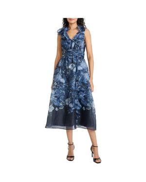 Maggy London Ruffle V-Neck Organza Cocktail Dress - Blue