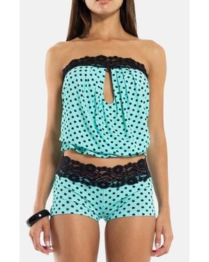 Jaded London Polka Dot Strapless Top With Lace Trim - Blue