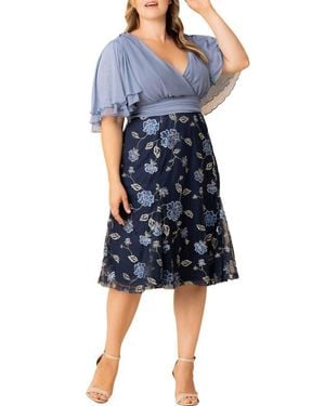 Kiyonna Lillian Embroidered Flutter Sleeve Cocktail Dress - Blue