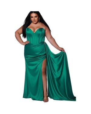 Johnathan Kayne for Sydneys Closet Sweetheart Neckline Fitted Satin Corset Plus Size Evening Gown - Green