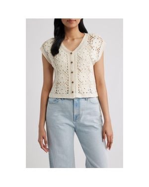 Bobeau Floral Open Stitch Cotton Blend Sweater - Blue