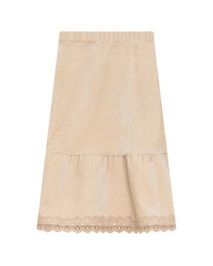 Space Grey Lace Trim Velvet Skirt Midi Pull On - Natural