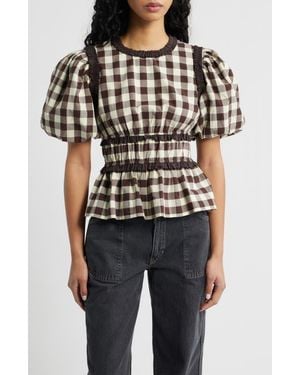 Damson Madder Everly Ruffle Puff Sleeve Peplum Top - Black