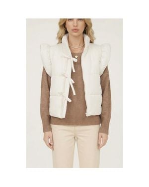 Modenaire Ruffle Shoulder Puffer Vest With Front Tie Closures And Stand Collar - White