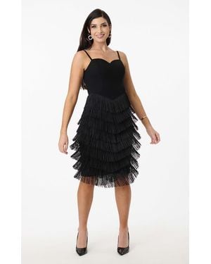 Unique Vintage Chevron Fringe Pencil Dress - Black