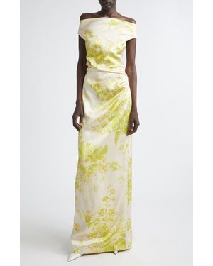 Erdem Floral Print Duchesse Satin Off The Shoulder Gown - Metallic