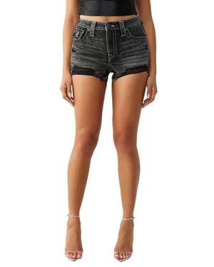TRUE RELIGION Frayed High Waist Denim Dolphin Shorts - Black