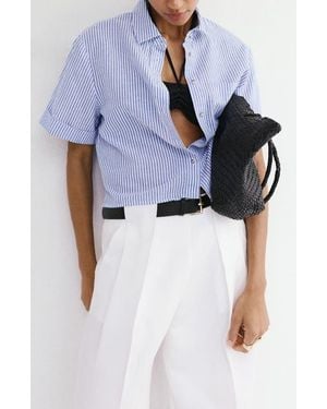 Mango Stripe Short Sleeve Cotton & Linen Button-Up Shirt - Blue
