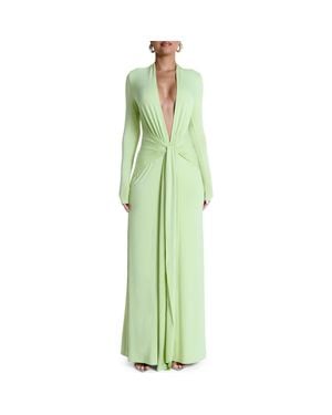 Naked Wardrobe Plunge Neck Long Sleeve Stretch Jersey Maxi Dress - Green