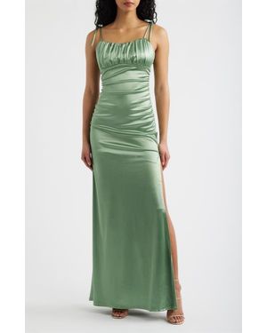 Emerald Sundae Emma Ruched Tie Strap Satin Gown - Green
