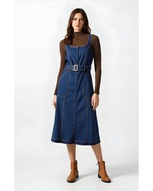 Modenaire Denim Midi Dress With Belt And Zip Front - Blue