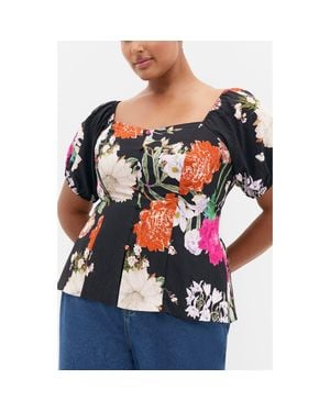 City Chic Daydreams Floral Puff Sleeve Peplum Top - Blue