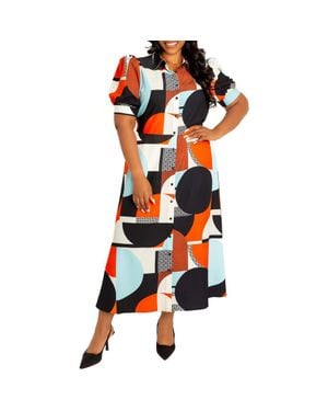 Buxom Couture Geometric Print Puff Sleeve Shirtdress - Red