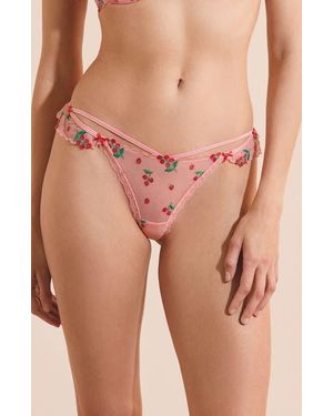 Etam Tomato Love Embroidered Ruffle String Thong - Pink