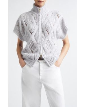 Eleventy Open Stitch Short Sleeve Mohair & Silk Zip Cardigan - White