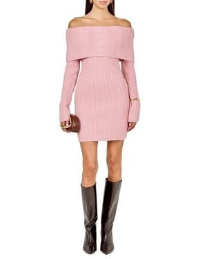 Endless Rose Off The Shoulder Long Sleeve Cable Stitch Sweater Dress With Tie - Pink