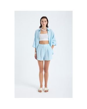 Monlicia Reve 100% Linen Relaxed Fit High-Waist Shorts - Blue