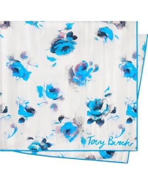 Tory Burch Floral Rose Square Silk Neckerchief - Blue