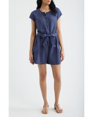 City Blues Tie Waist Cargo Romper - Blue