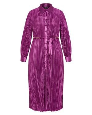 City Chic Andi Long Sleeve Plissé Maxi Shirtdress - Purple