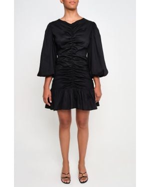 The Lulo Project Fuego Ruched Balloon Sleeve Stretch Cotton Fit & Flare Dress - Black