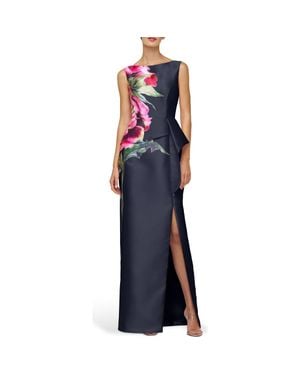 Kay Unger Luciana Placed Floral Column Gown - Blue