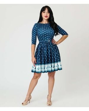 Unique Vintage Boat Neck Belted Stephanie Fit & Flare Dress - Blue