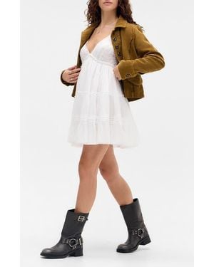 BDG Aria Embroidered Tiered Cotton Babydoll Dress - White