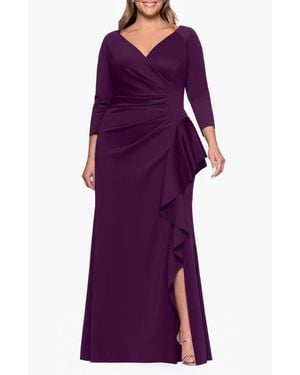 Xscape Evenings Ruched Scuba Knit Ruffle Gown - Purple