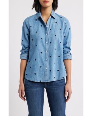 Caslon Heart Embroidered Cotton Chambray Button-Up Shirt - Blue