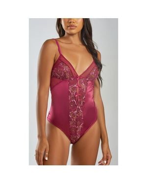iCollection Two-Toned Lace & Satin Bodysuit - Red