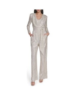 Eliza J Draped Neck Long Sleeve Sequin Jumpsuit - Gray