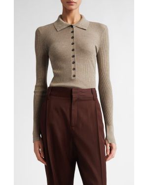 Maria McManus Tiny Button Long Sleeve Merino Wool Polo - Natural