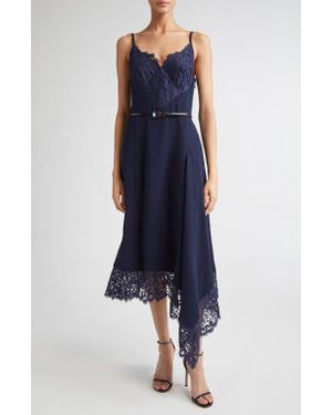 St. John Lace Trim Asymmetric Satin Back Crepe Dress - Blue