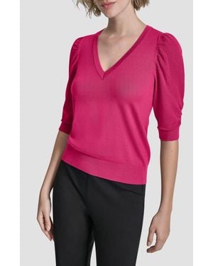 DKNY Puff Sleeve V-Neck Sweater - Pink