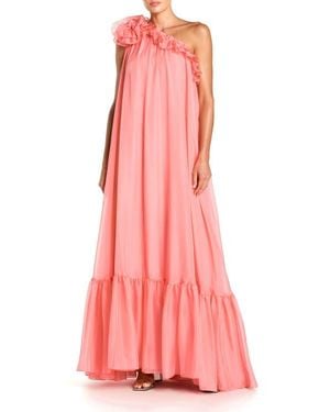 Mac Duggal One Shoulder Chiffon Maxi Gown With 3D Rosette - Pink