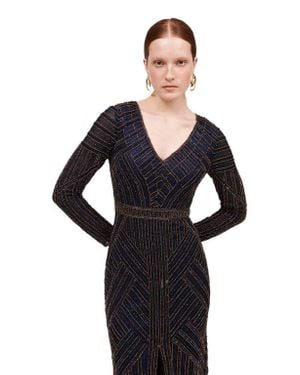 Beauut Occasion Embellished Sequin Beaded V Neck With Long Sleeves Evening Maxi Dress - Blue