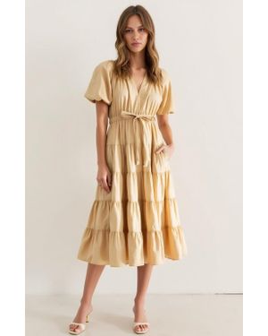 Modenaire Tiered Puff-Sleeve Tie-Waist A-Line Midi Dress - Natural