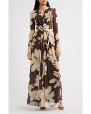 Anne Klein Floral Print Twist Front Long Sleeve Maxi Dress - Natural