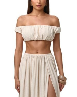 Naked Wardrobe Shirred Off The Shoulder Crop Top - Brown