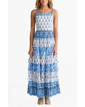 Talisman the Label Paloma Mixed Print Tiered Cotton Maxi Dress - Blue