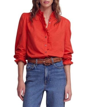 Boden Emily Pom Detail Ruffle Button-Up Shirt - Red