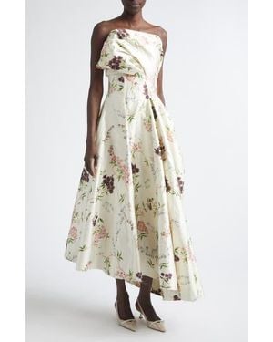 Erdem Floral Print Asymmetric Crushed Satin Cloud Dress - White
