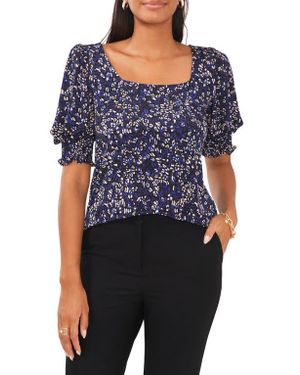 Chaus Leopard Square Neck Smocked Sleeve Blouse - Blue