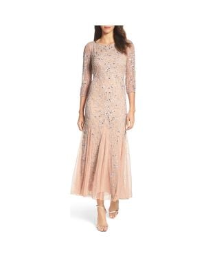 Pisarro Nights Illusion Sleeve Beaded A-Line Gown - Natural