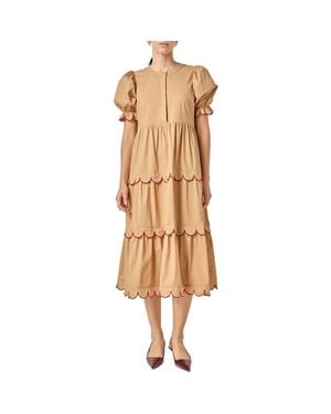 English Factory Contrast Scalloped Trim Cotton Midi Dress - Natural